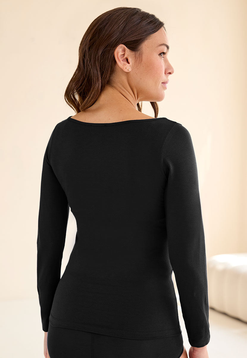 Micro Modal Wide Neck Long Sleeve Vest - Black Wide Neckline Base Layer Lightweight Female Back View