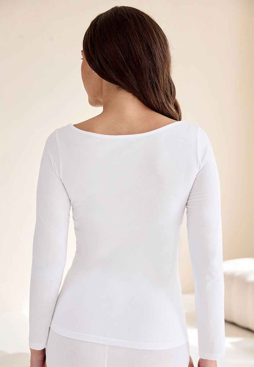 Micro Modal Wide Neck Long Sleeve Vest - White Wide Neckline Base Layer Lightweight Female Back View