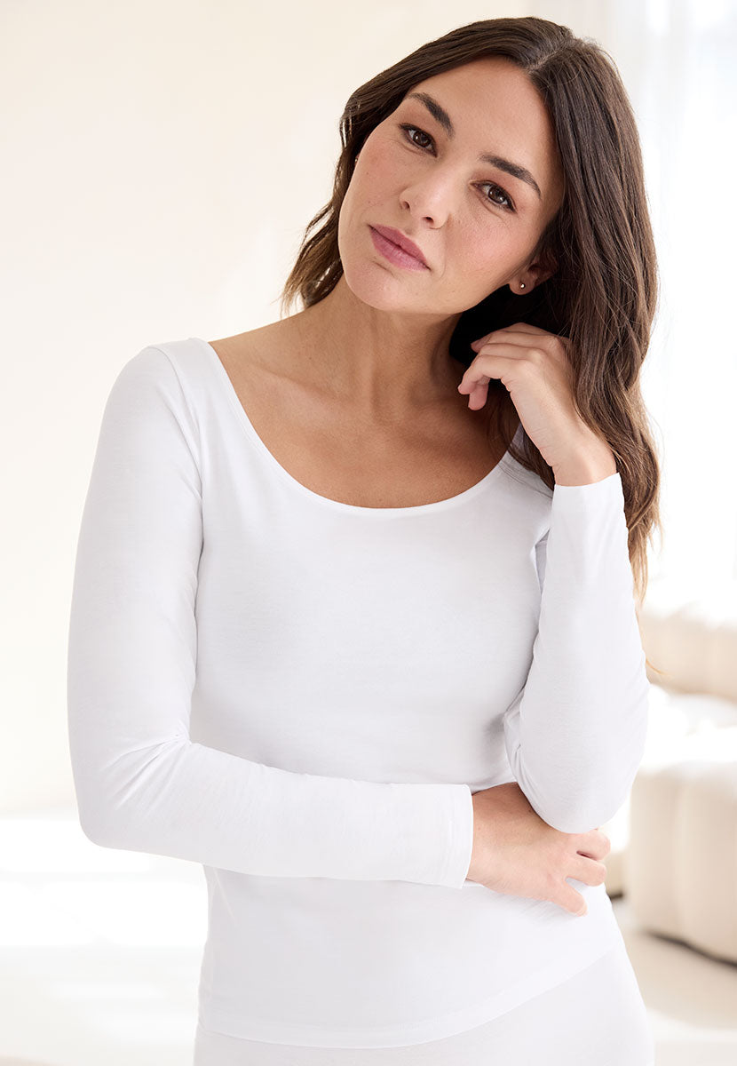 Micro Modal Wide Neck Long Sleeve Vest - White Wide Neckline Base Layer Lightweight Female