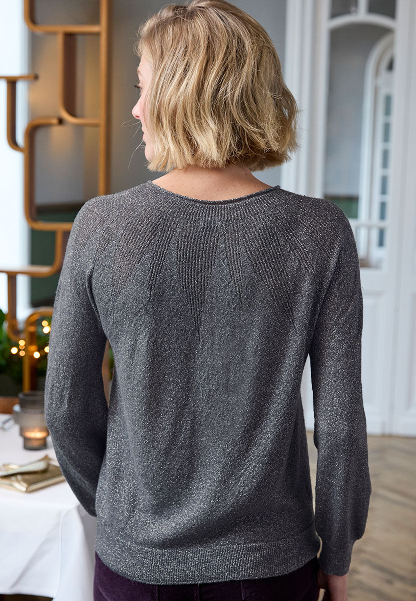 Mikaela Long Sleeve Crew Neck Jumper - Charcoal Sparkle Back View
