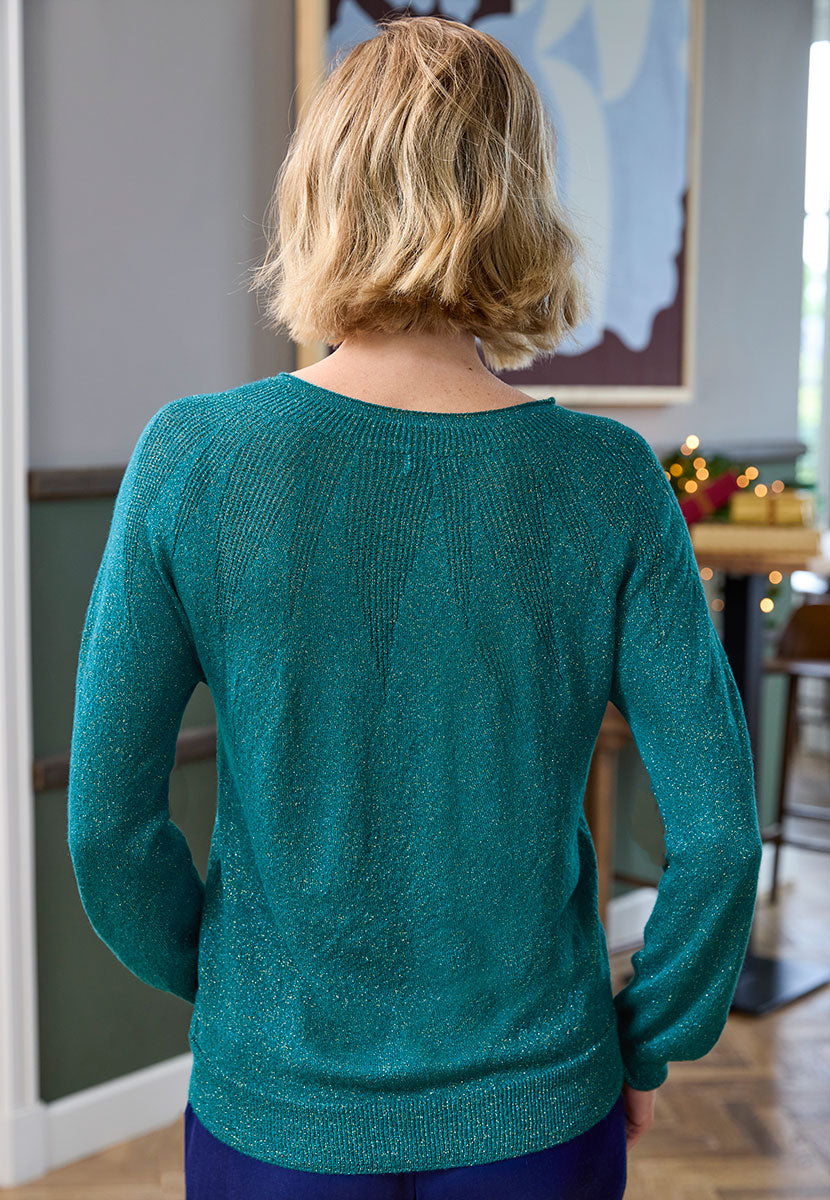 Mikaela Viscose Blend Crew Neck Jumper - Teal Sparkle Back View