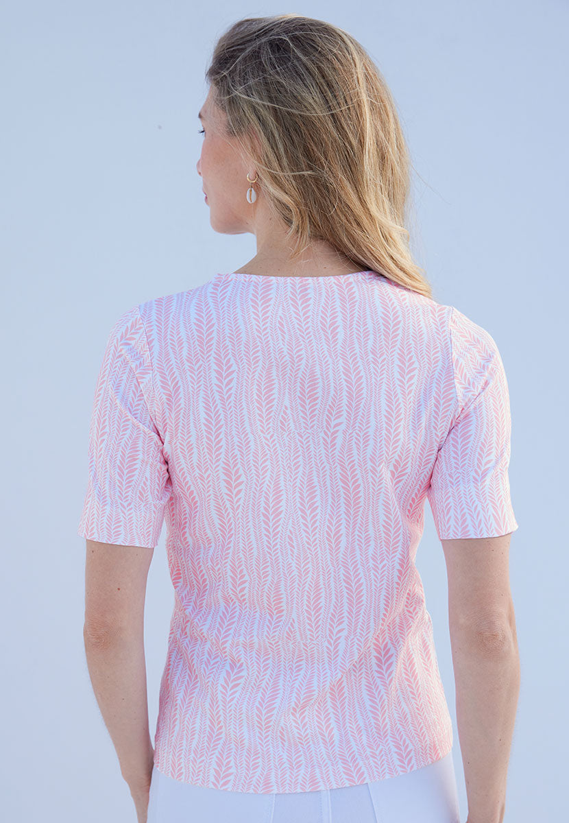 Miki Cotton Short Sleeve Top - Blossom Pink Print Flattering Round Neck Soft Stretch Fabric Back View