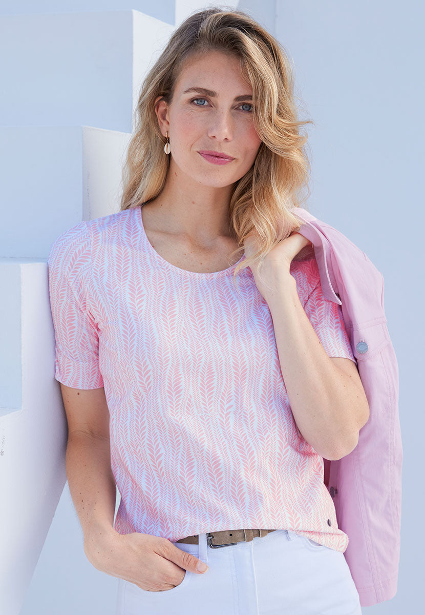 Miki Cotton Short Sleeve Top - Blossom Pink Print Flattering Round Neck Soft Stretch Fabric Alt