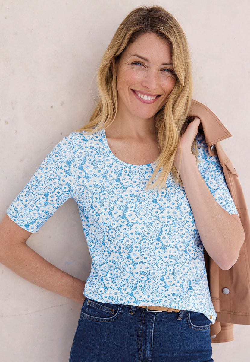 Miki Short Sleeve Cotton Top - Cotton Blue Print