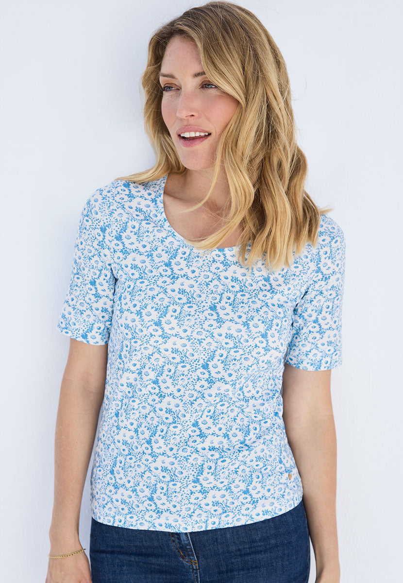 Miki Short Sleeve Cotton Top - Cotton Blue Print
