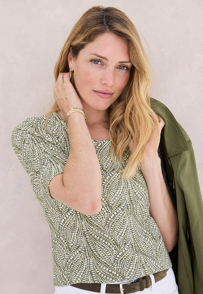 Miki Short Sleeve Cotton Top Print - Dark Olive Print