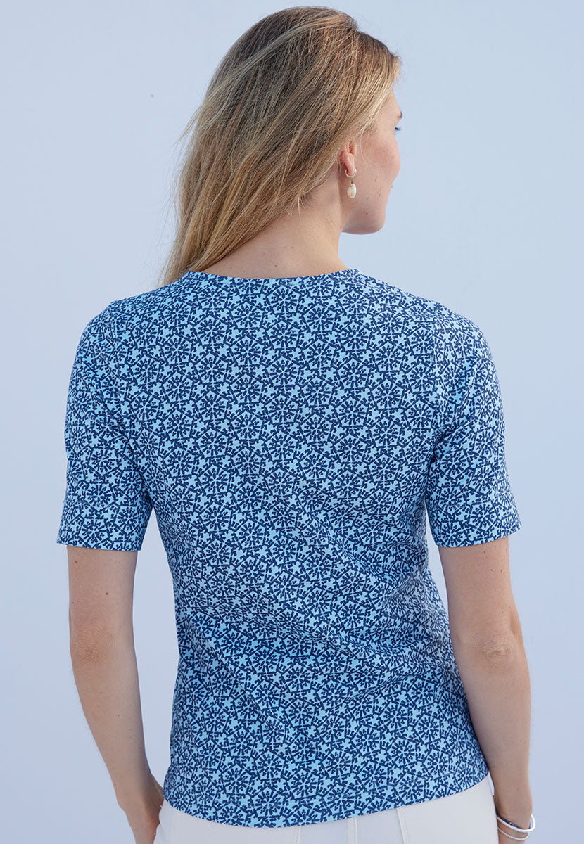Miki Cotton Short Sleeve Top - French Navy Print Flattering Round Neck Soft Stretch Fabric Back View