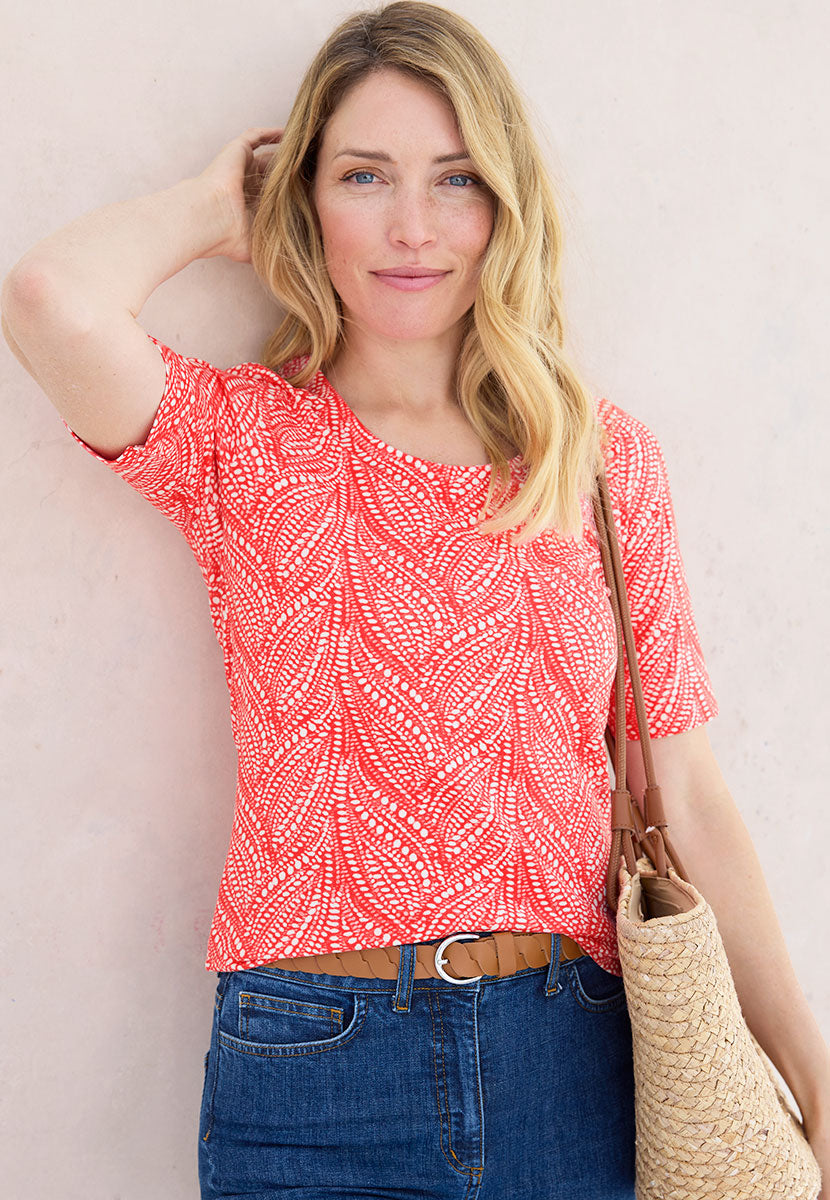 Miki Short Sleeve Cotton Top - Geranium Print