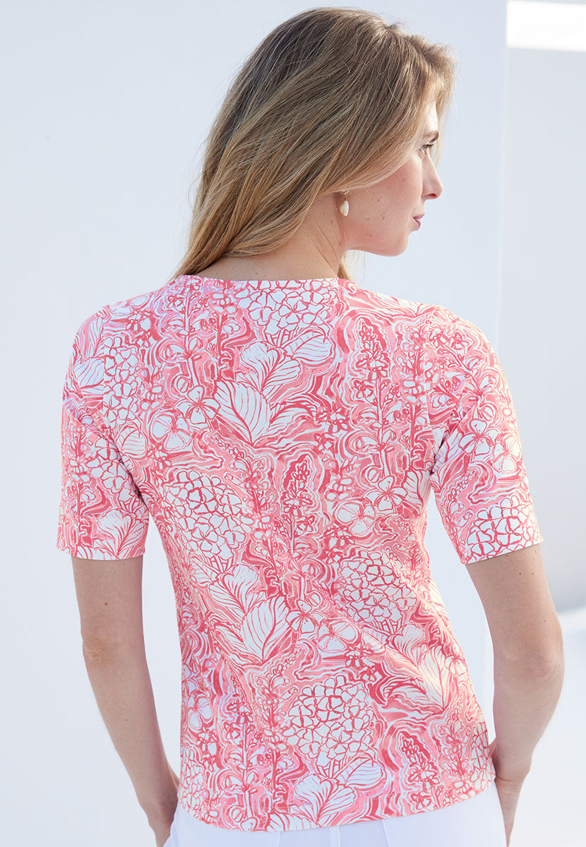 Miki Short Sleeve Cotton Top - Hibiscus Orange Print Flattering Round Neck Soft Stretch Fabric Back View