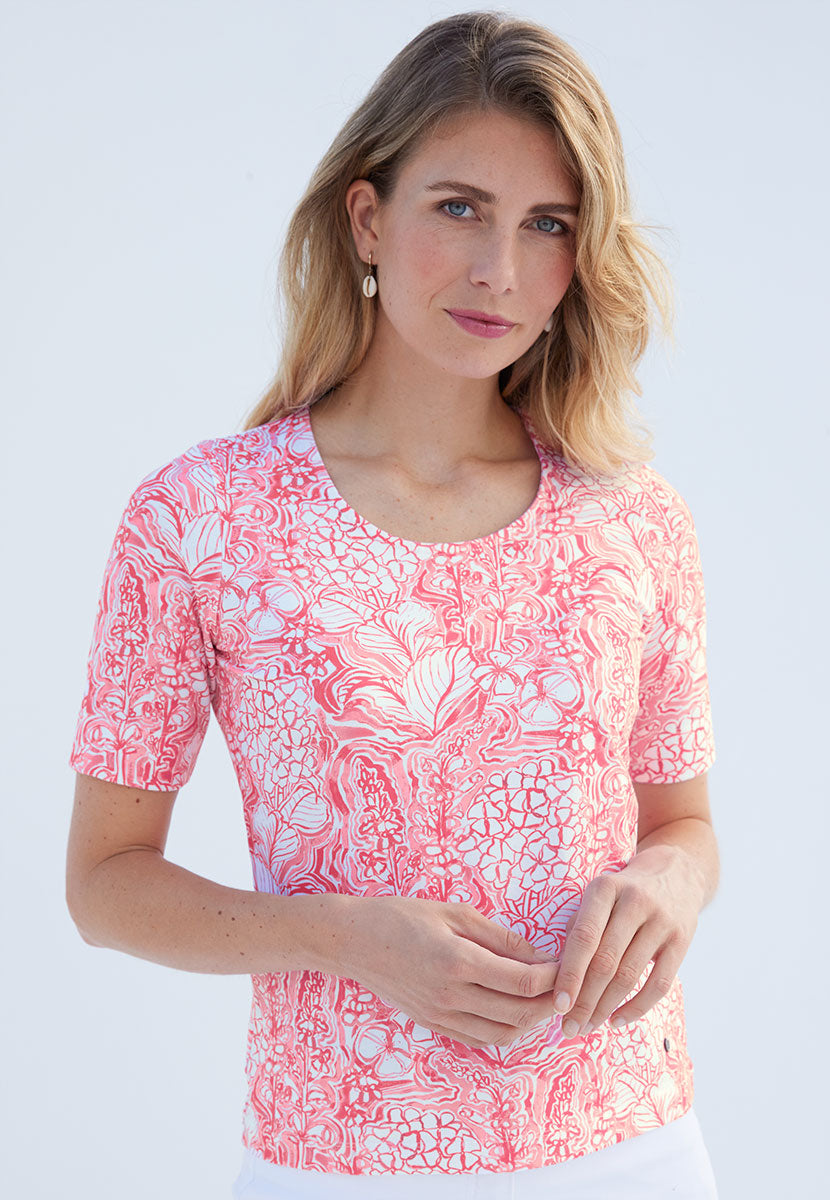 Miki Short Sleeve Cotton Top - Hibiscus Orange Print Flattering Round Neck Soft Stretch Fabric