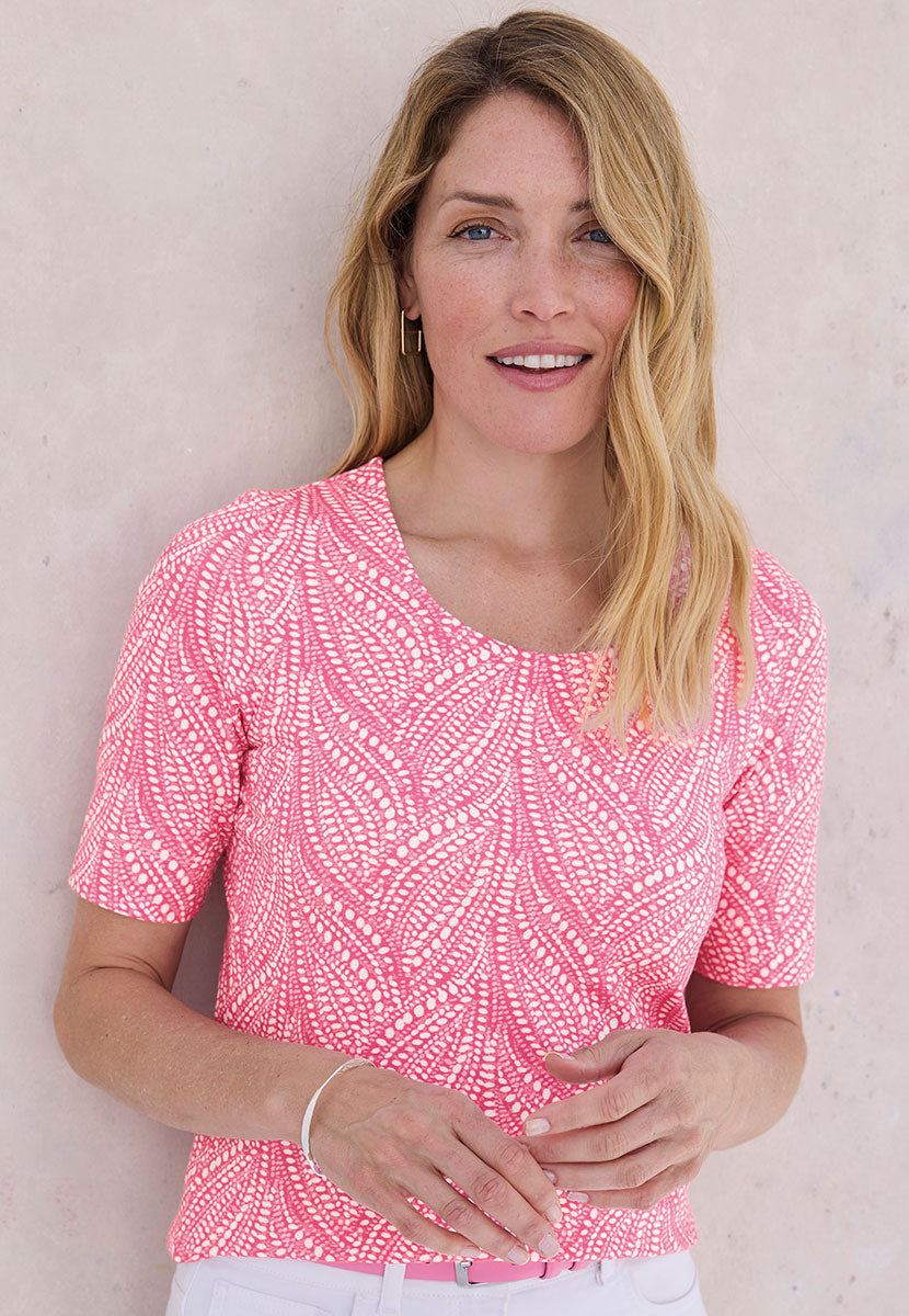 Miki Short Sleeve Cotton Top - Hot Pink Print