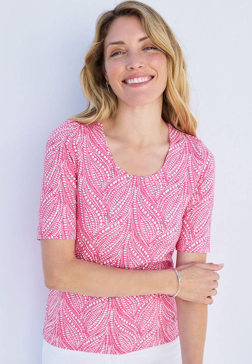 Miki Short Sleeve Cotton Top - Hot Pink Print