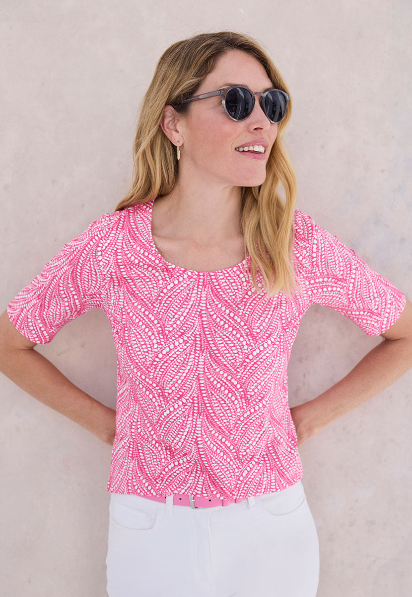 Miki Short Sleeve Cotton Top - Hot Pink Print