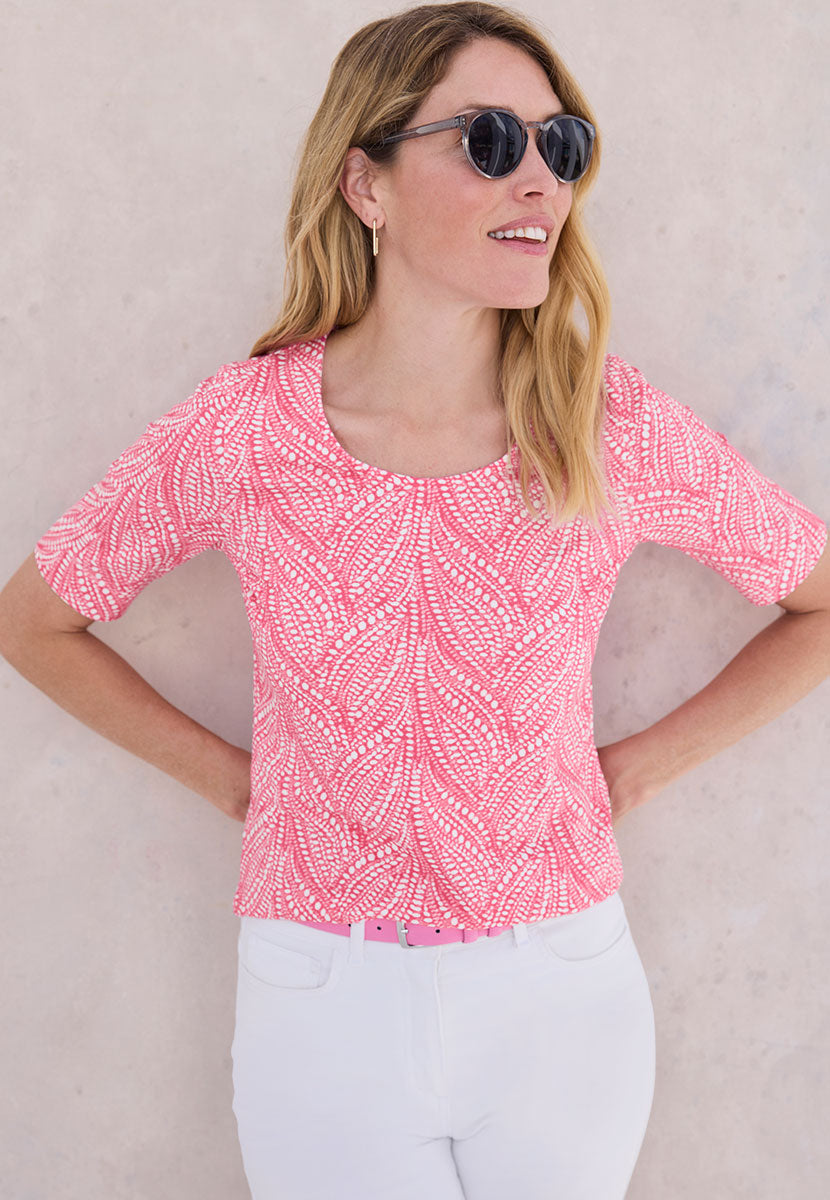Miki Short Sleeve Cotton Top - Hot Pink Print