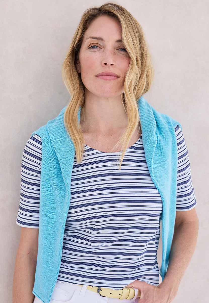 Miki Short Sleeve Cotton Top - Navy Stripe