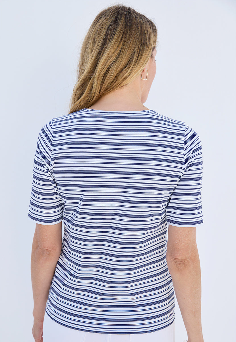 Miki Short Sleeve Cotton Top - Navy Stripe