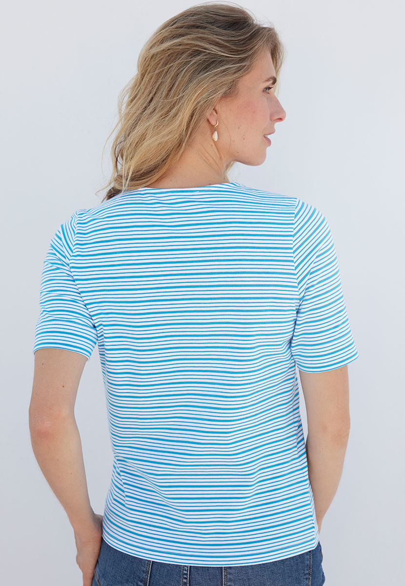 Miki Cotton Short Sleeve Top - Ocean Blue Stripe Flattering Round Neck Soft Stretch Fabric Back View