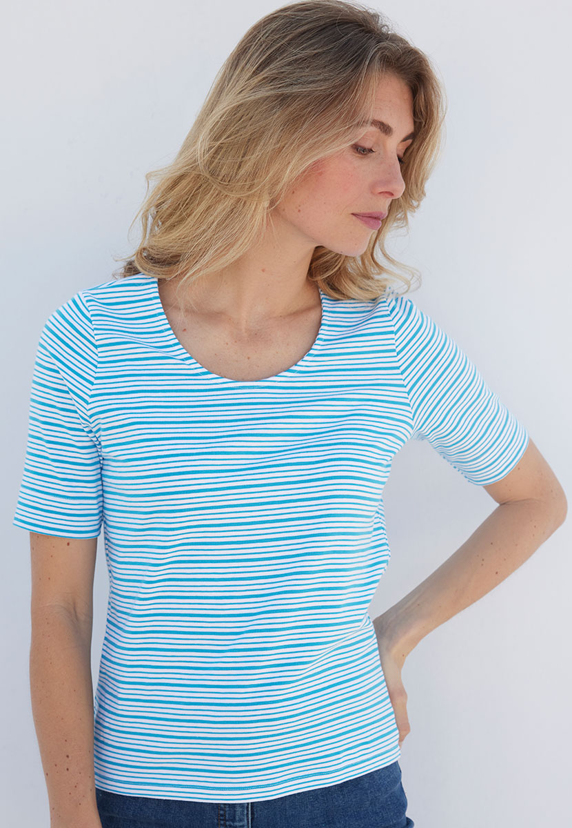 Miki Cotton Short Sleeve Top - Ocean Blue Stripe Flattering Round Neck Soft Stretch Fabric Front Alt