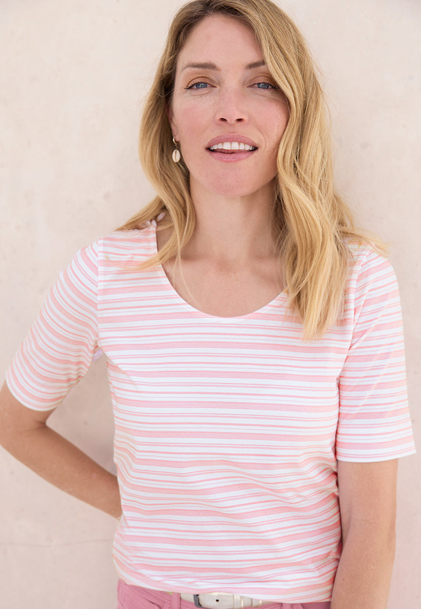 Miki Short Sleeve Cotton Top - Pink Blush Stripe