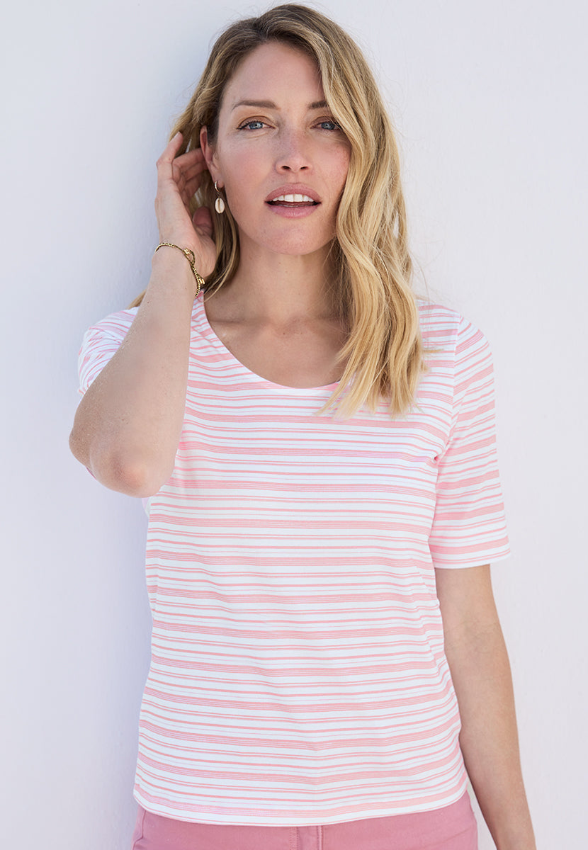 Miki Short Sleeve Cotton Top - Pink Blush Stripe