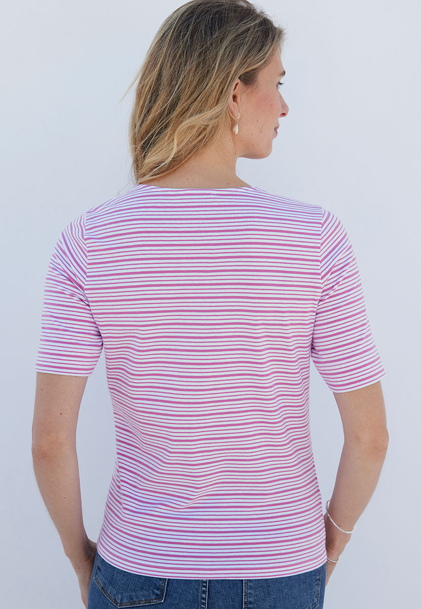 Miki Cotton Short Sleeve Top - Rosebud Pink Stripe Flattering Round Neck Soft Stretch Fabric Back View