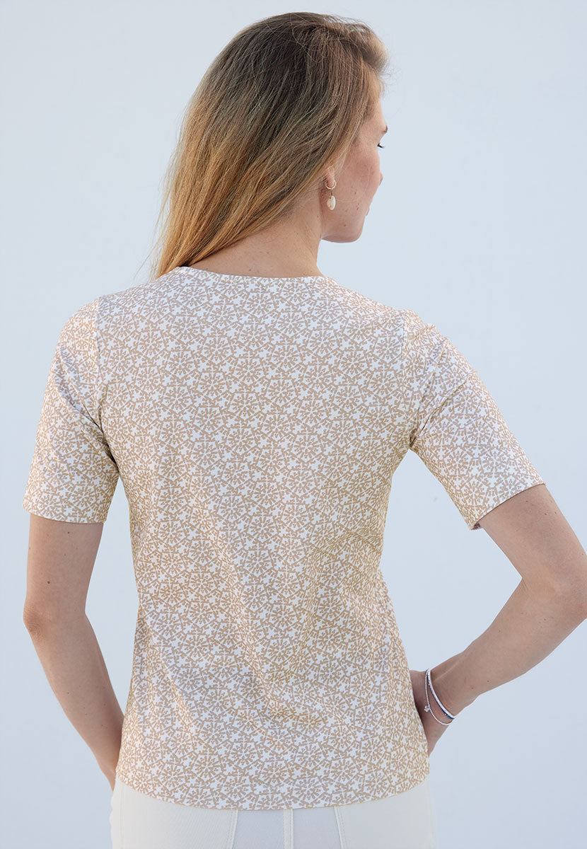 Miki Short Sleeve Cotton Top - Soft Almond Natural Flattering Round Neck Soft Stretch Fabric Back View