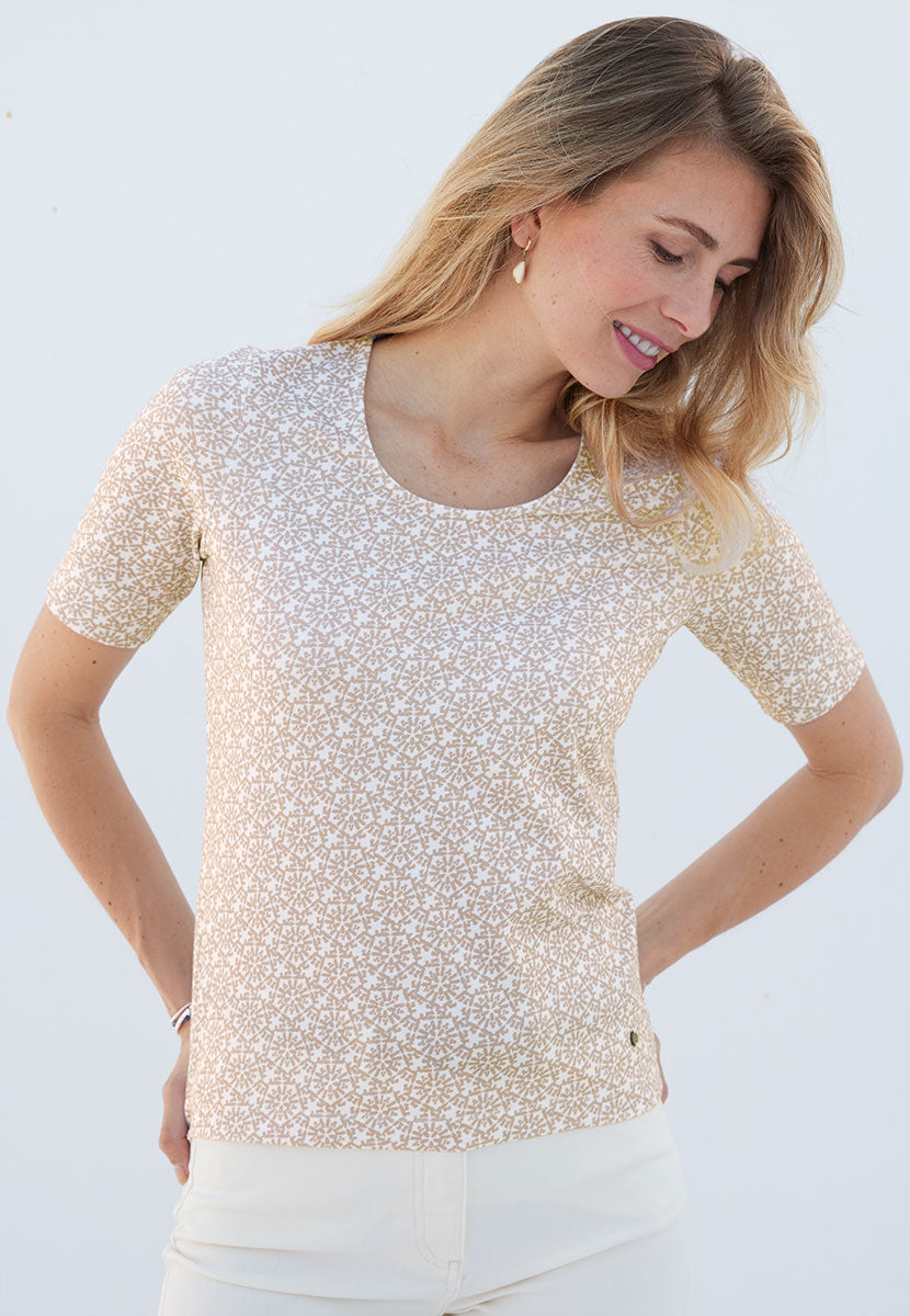 Miki Short Sleeve Cotton Top - Soft Almond Natural Flattering Round Neck Soft Stretch Fabric