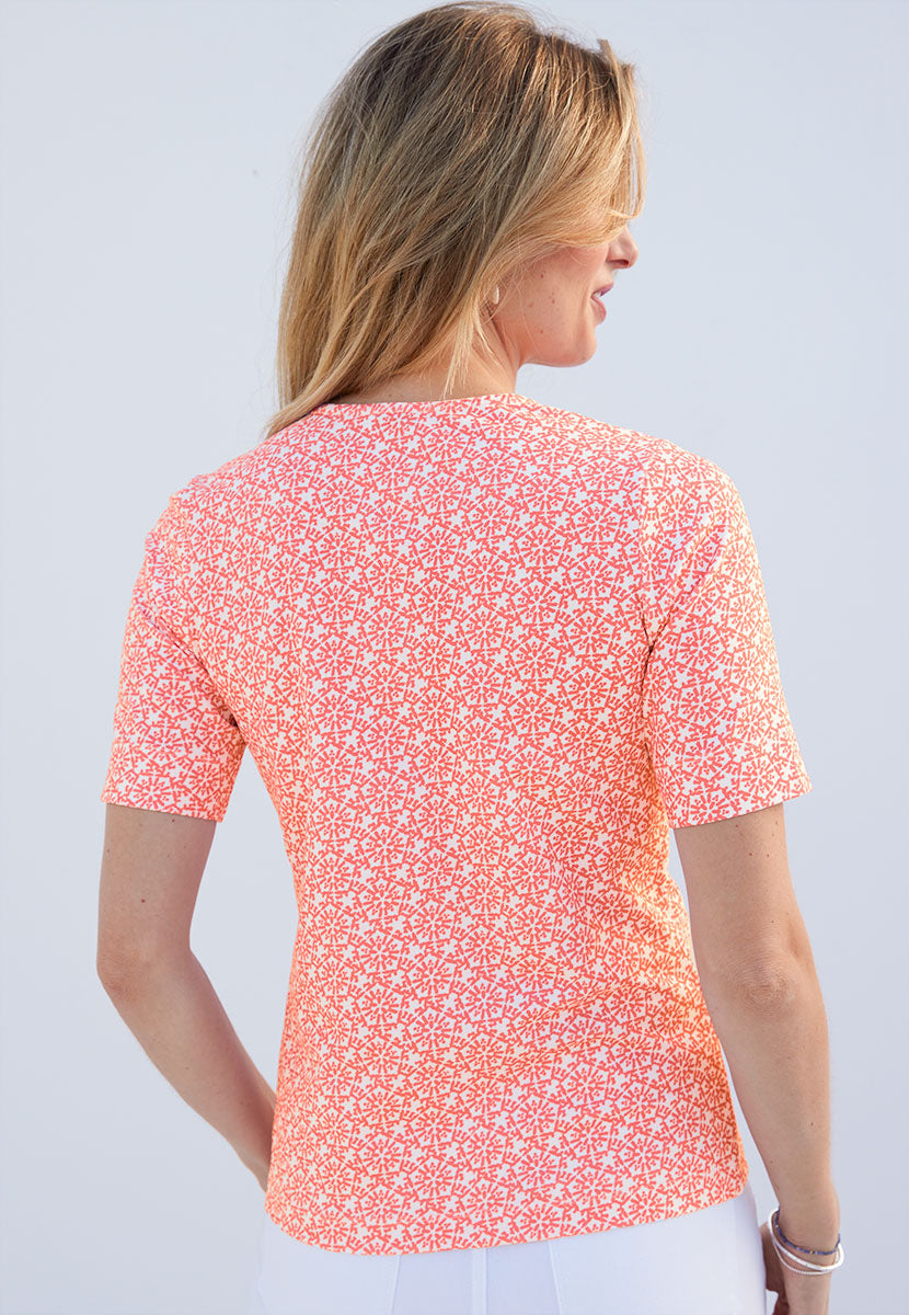 Miki Short Sleeve Cotton Top - Summer Coral Red Flattering Round Neck Soft Stretch Fabric Back View