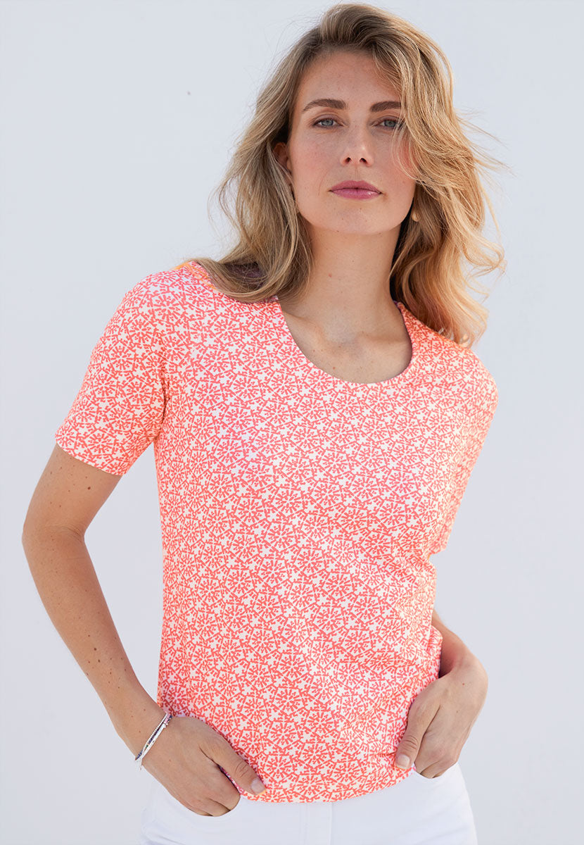 Miki Short Sleeve Cotton Top - Summer Coral Red Flattering Round Neck Soft Stretch Fabric
