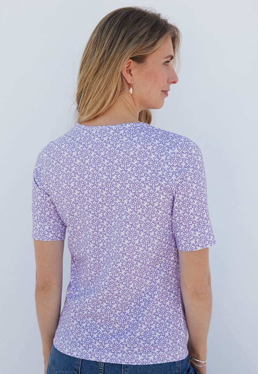 Miki Cotton Short Sleeve Top - Wisteria Purple Print Flattering Round Neck Soft Stretch Fabric Back View