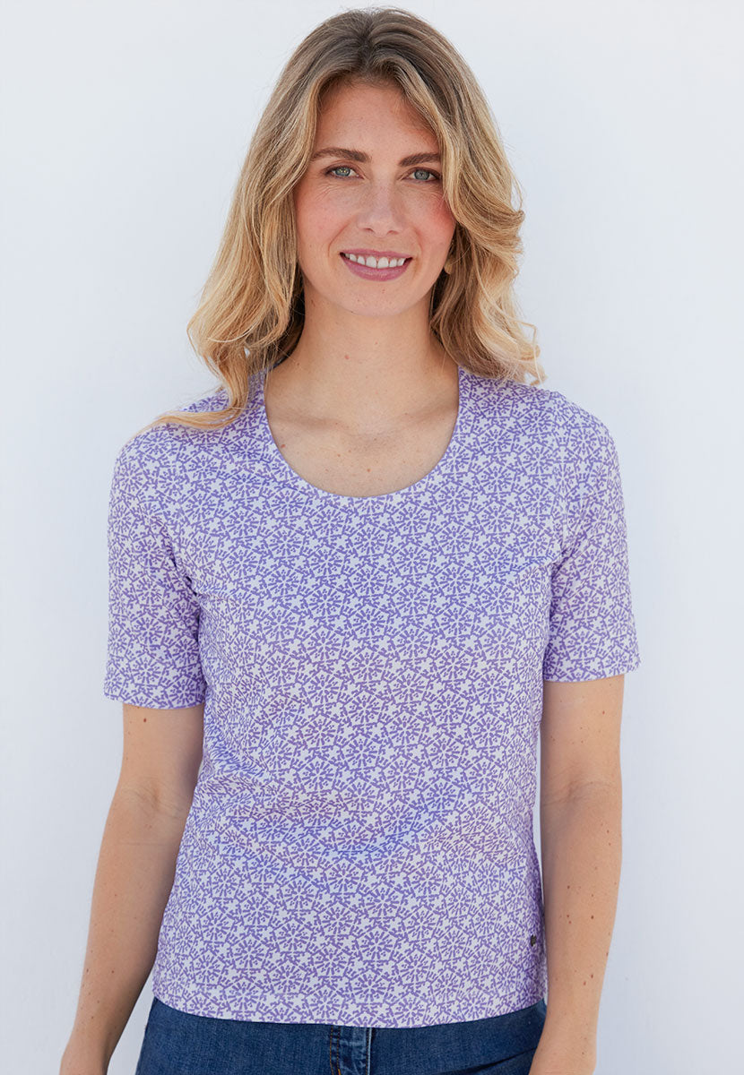 Miki Cotton Short Sleeve Top - Wisteria Purple Print Flattering Round Neck Soft Stretch Fabric