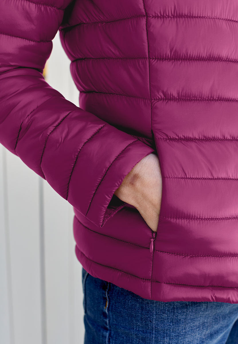 Millie Full-Length Sleeve Padded Jacket - Berry Stylish Layer For Cooler Days Neat Stand Up Collar Zip Front with Shaped Seams Creating A Flattering Silhouette Detail View