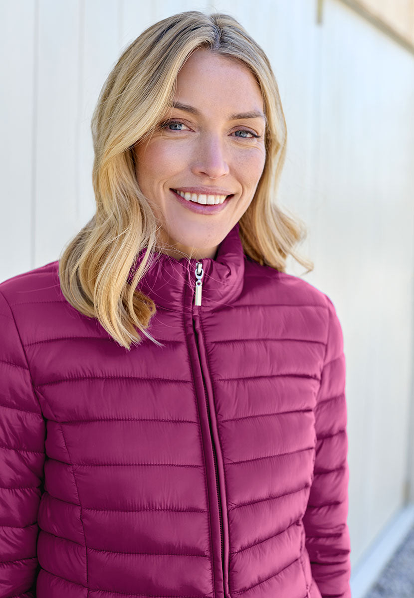 Millie Full-Length Sleeve Padded Jacket - Berry Stylish Layer For Cooler Days Neat Stand Up Collar Zip Front with Shaped Seams Creating A Flattering Silhouette Front Close View