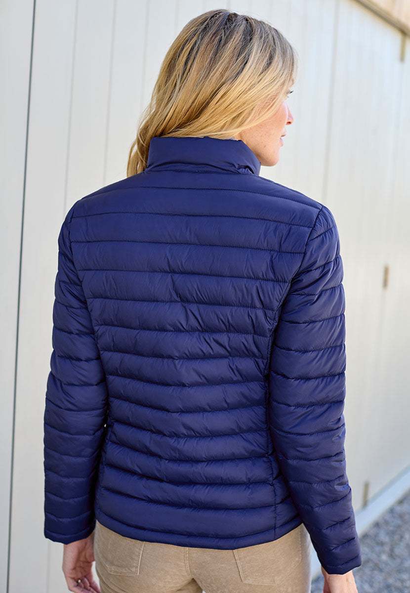 Millie Full-Length Sleeve Padded Jacket - Navy Stylish Layer For Cooler Days Neat Stand Up Collar Zip Front with Shaped Seams Creating A Flattering Silhouette Back View