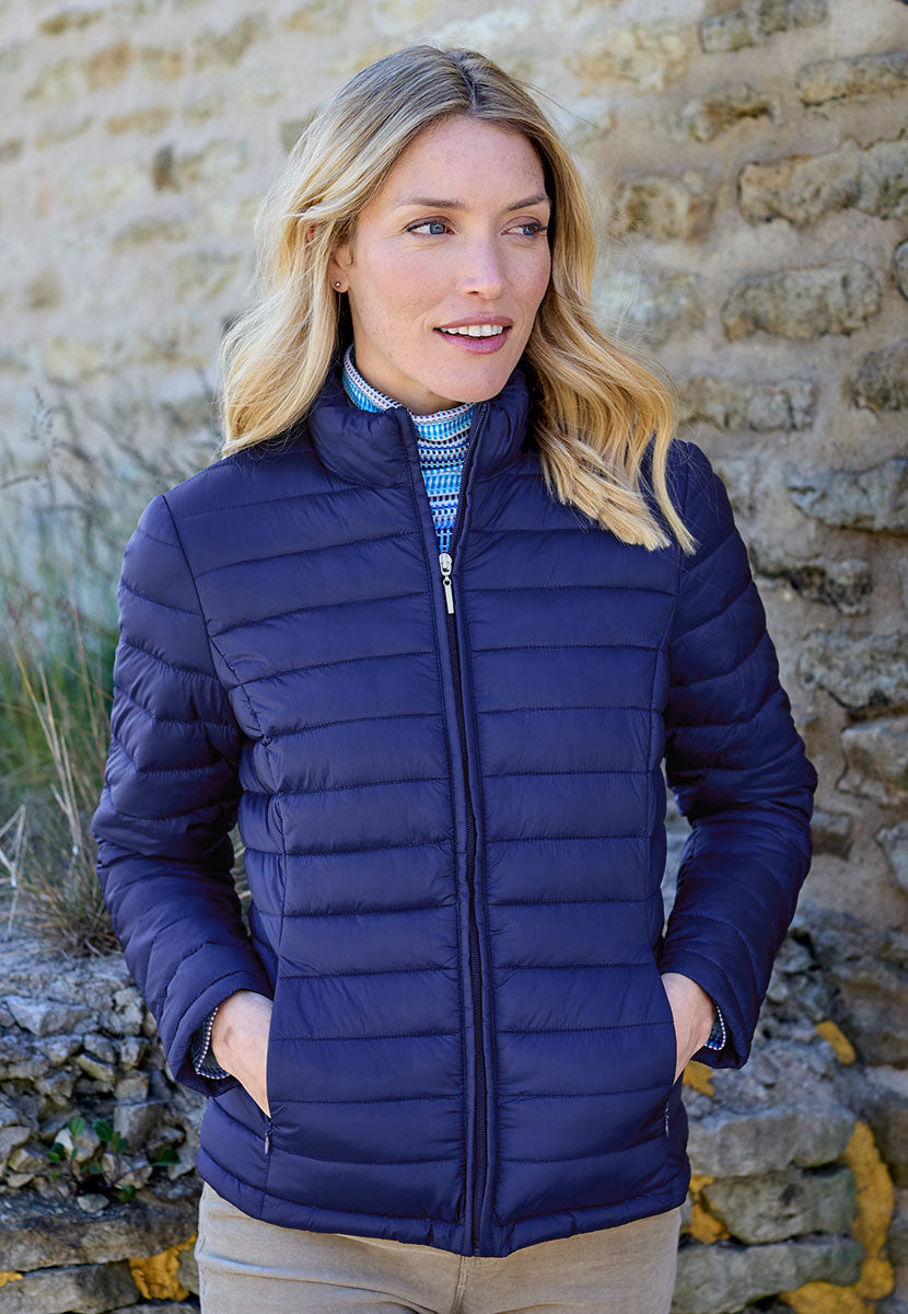 Millie Full-Length Sleeve Padded Jacket - Navy Stylish Layer For Cooler Days Neat Stand Up Collar Zip Front with Shaped Seams Creating A Flattering Silhouette Front Alt View
