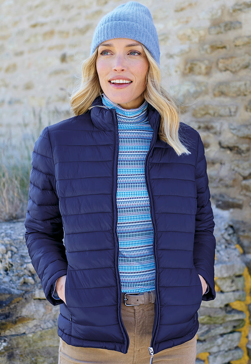Millie Full-Length Sleeve Padded Jacket - Navy Stylish Layer For Cooler Days Neat Stand Up Collar Zip Front with Shaped Seams Creating A Flattering Silhouette