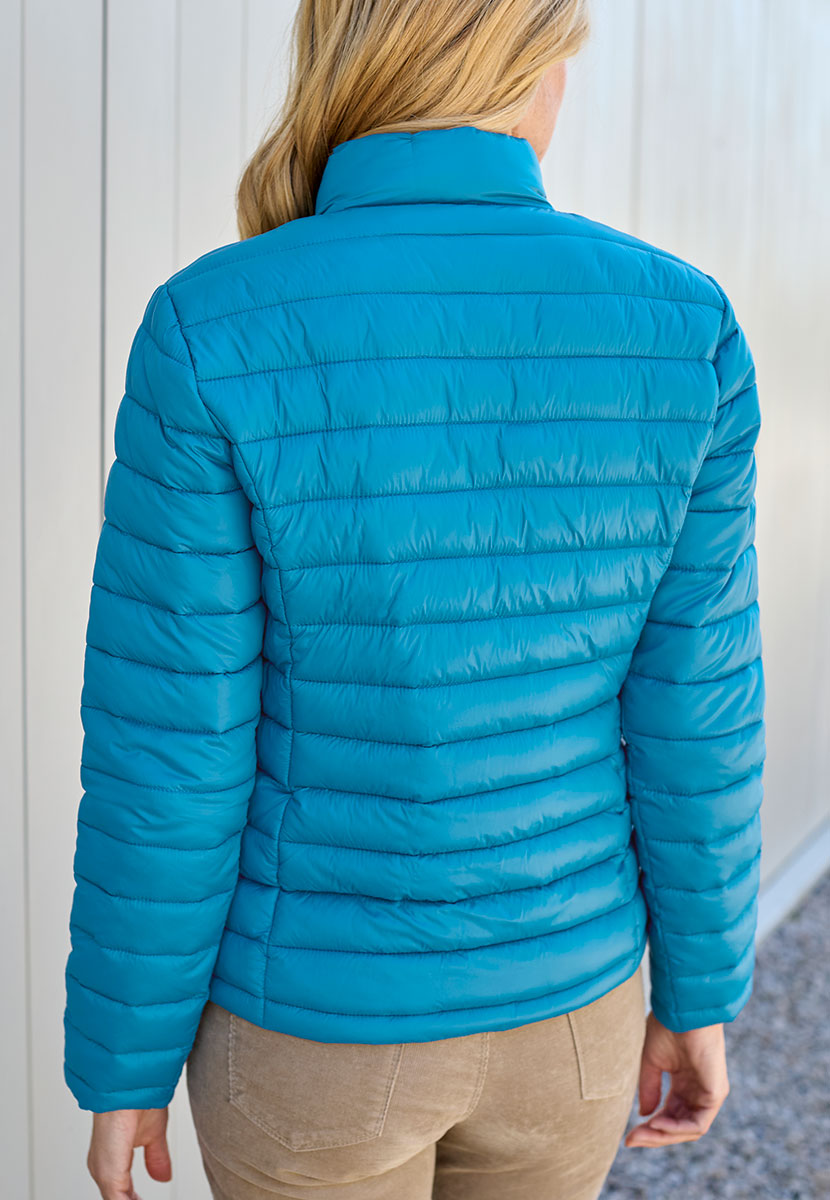 Millie Full-Length Sleeve Padded Jacket - Teal Stylish Layer For Cooler Days Neat Stand Up Collar Zip Front with Shaped Seams Creating A Flattering Silhouette Back View