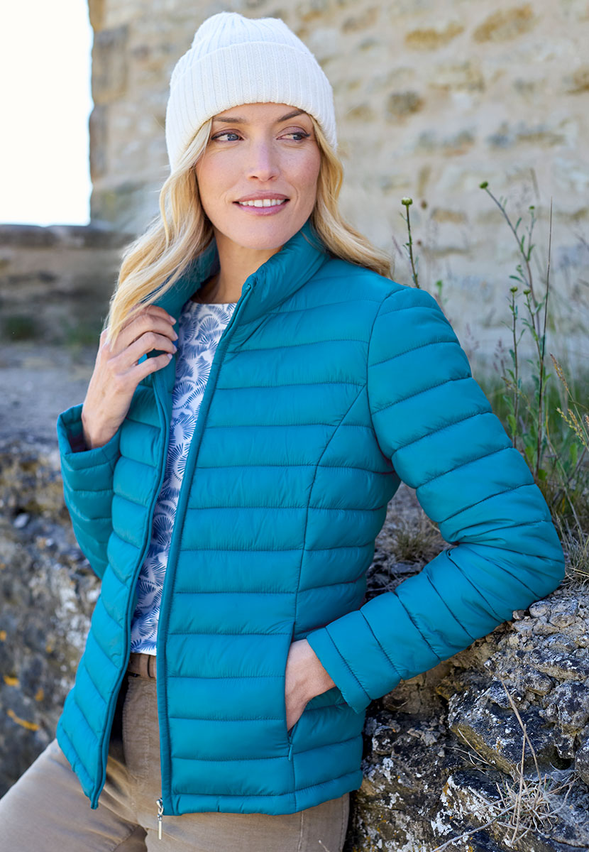 Millie Full-Length Sleeve Padded Jacket - Teal Stylish Layer For Cooler Days Neat Stand Up Collar Zip Front with Shaped Seams Creating A Flattering Silhouette front Alt View