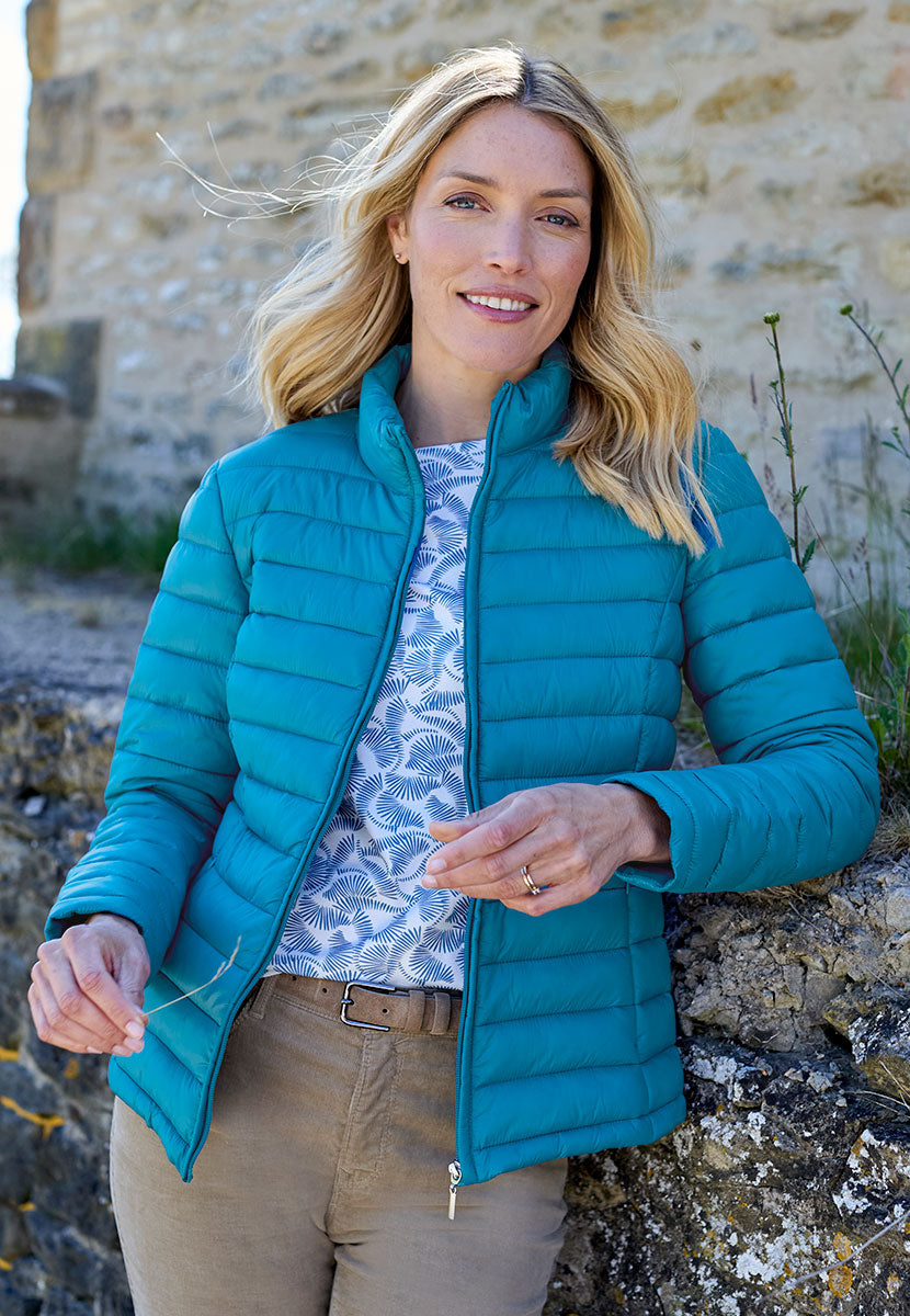 Millie Full-Length Sleeve Padded Jacket - Teal Stylish Layer For Cooler Days Neat Stand Up Collar Zip Front with Shaped Seams Creating A Flattering Silhouette