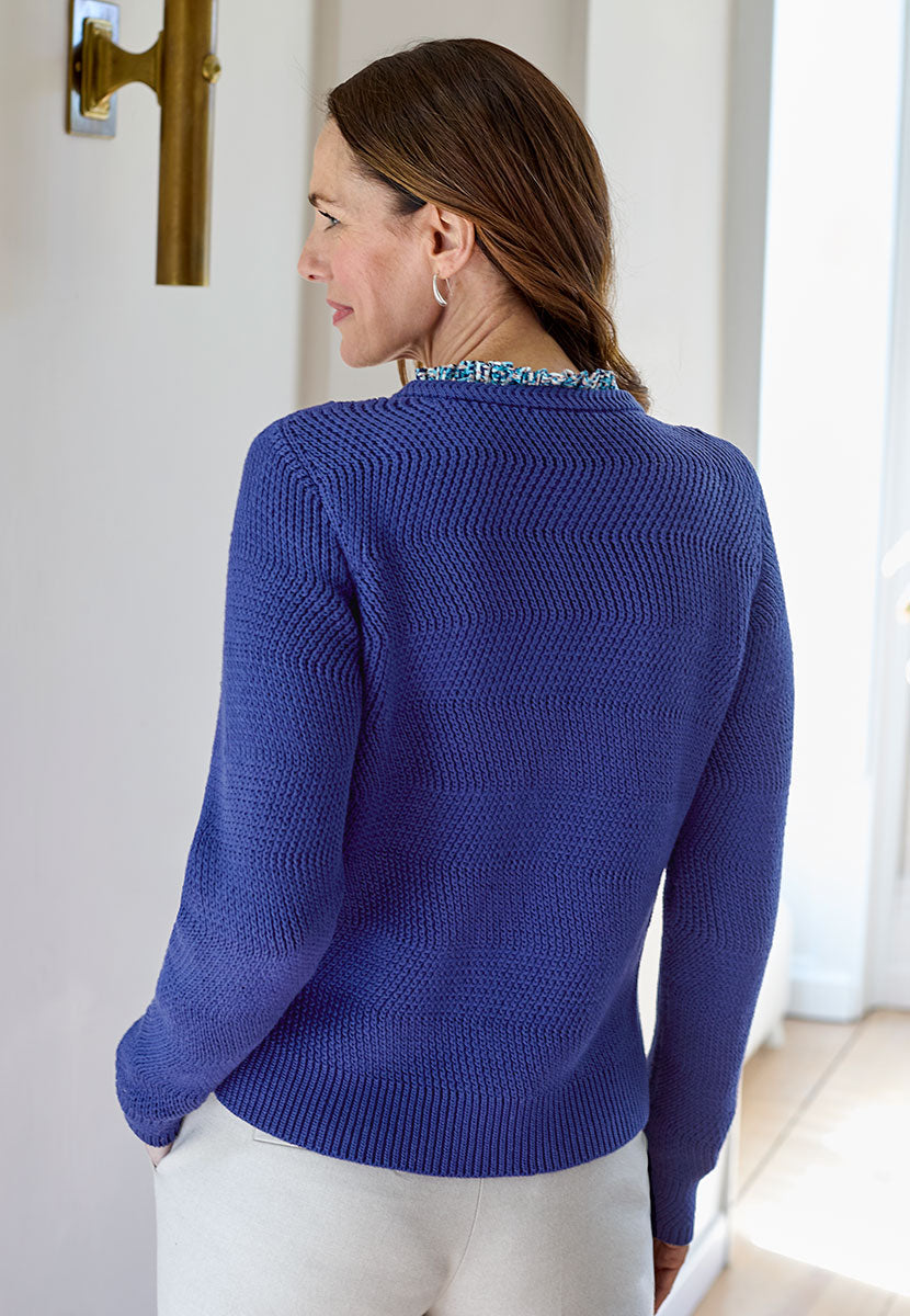 Mimi Round Neck Cotton Cardigan- Navy Vibrant Textured Knit With Elegant Button Detail Long Sleeves Gentle Shaping Back View