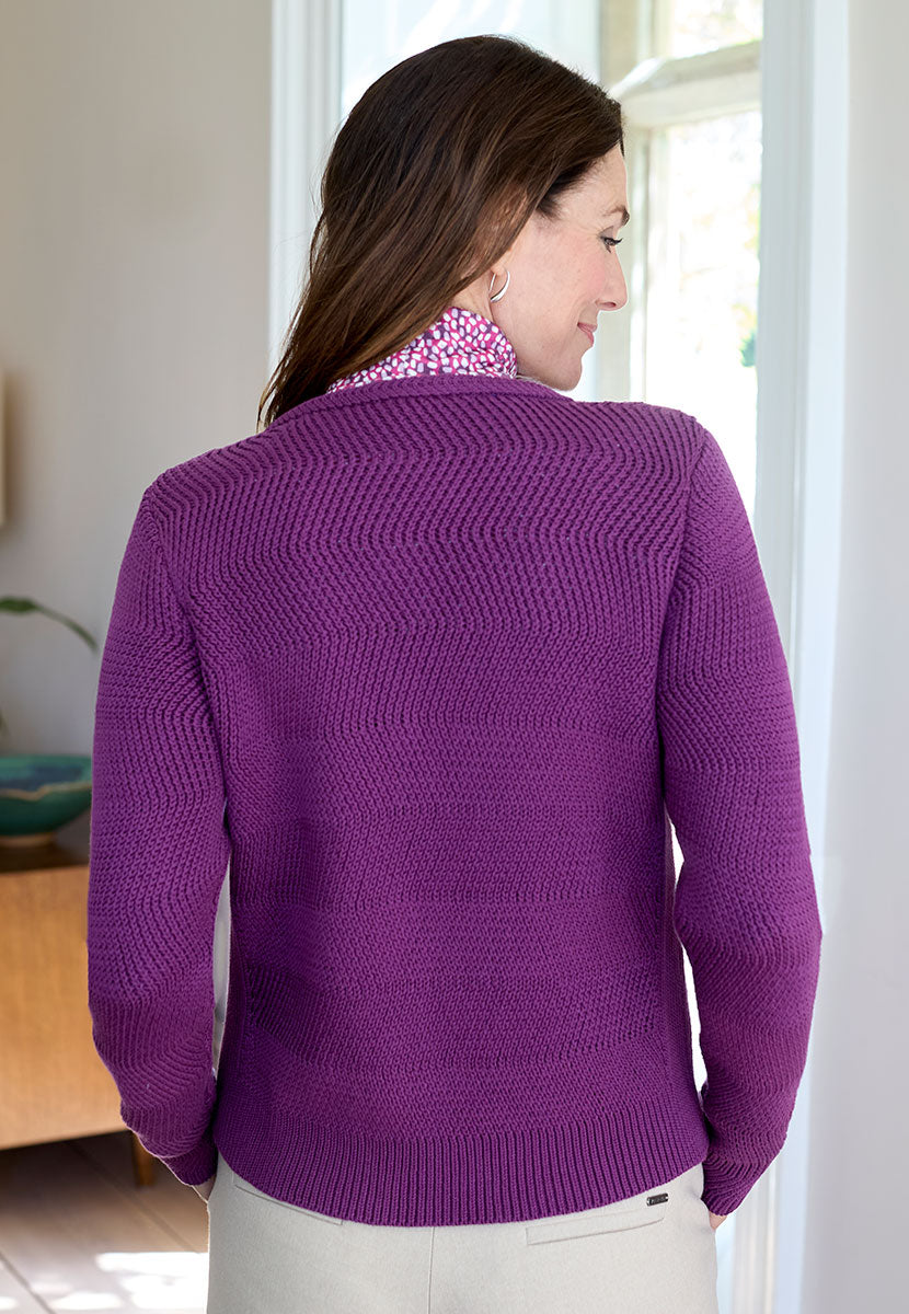Mimi Round Neck Cotton Cardigan- Plum Vibrant Textured Knit With Elegant Button Detail Long Sleeves Gentle Shaping Back View
