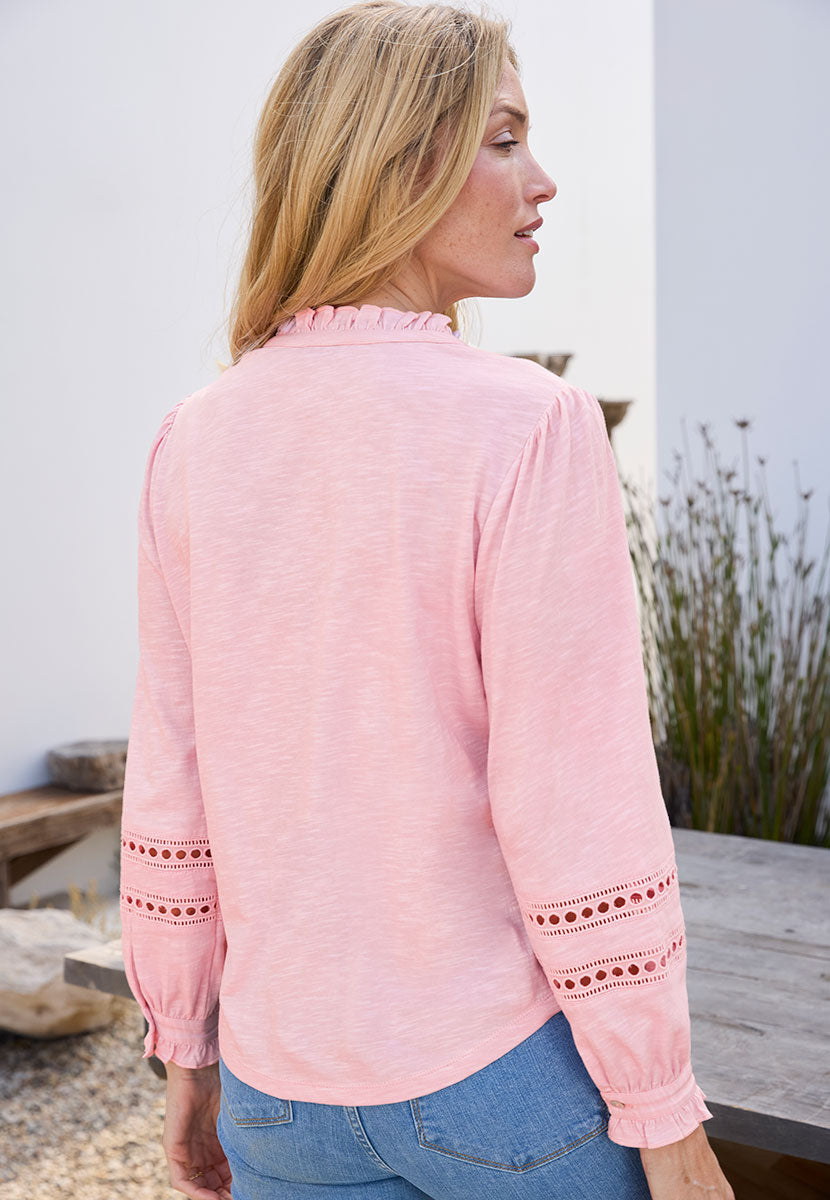 Miriam Long Sleeve Jersey Blouse - Quartz Pink Easy Button Through Style with Embroidered Detail Open V Neck Collar with Cuffed Sleeves Back View