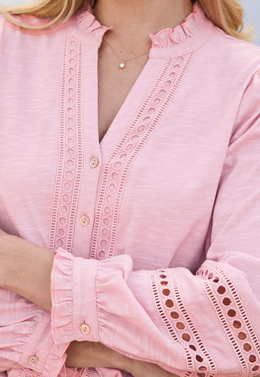 Miriam Long Sleeve Jersey Blouse - Quartz Pink Easy Button Through Style with Embroidered Detail Open V Neck Collar with Cuffed Sleeves Detail View