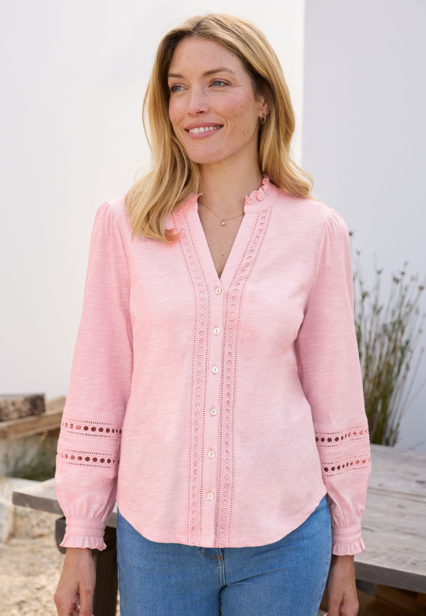 Miriam Long Sleeve Jersey Blouse - Quartz Pink Easy Button Through Style with Embroidered Detail Open V Neck Collar with Cuffed Sleeves