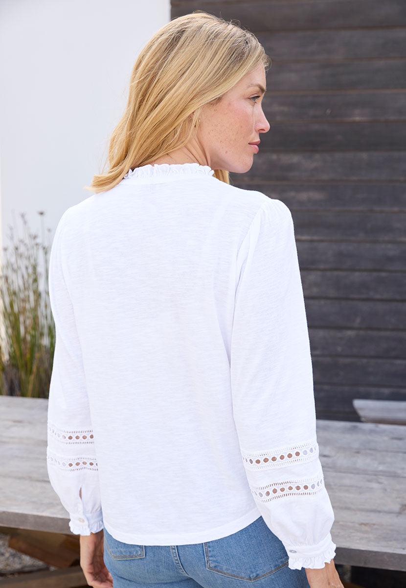 Miriam Long Sleeve Jersey Blouse - White Easy Button Through Style with Embroidered Detail Open V Neck Collar with Cuffed Sleeves Back View