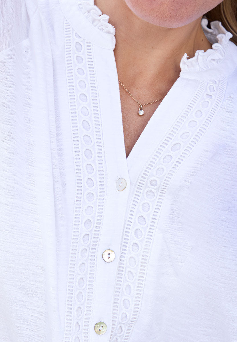 Miriam Long Sleeve Jersey Blouse - White Easy Button Through Style with Embroidered Detail Open V Neck Collar with Cuffed Sleeves Detail View