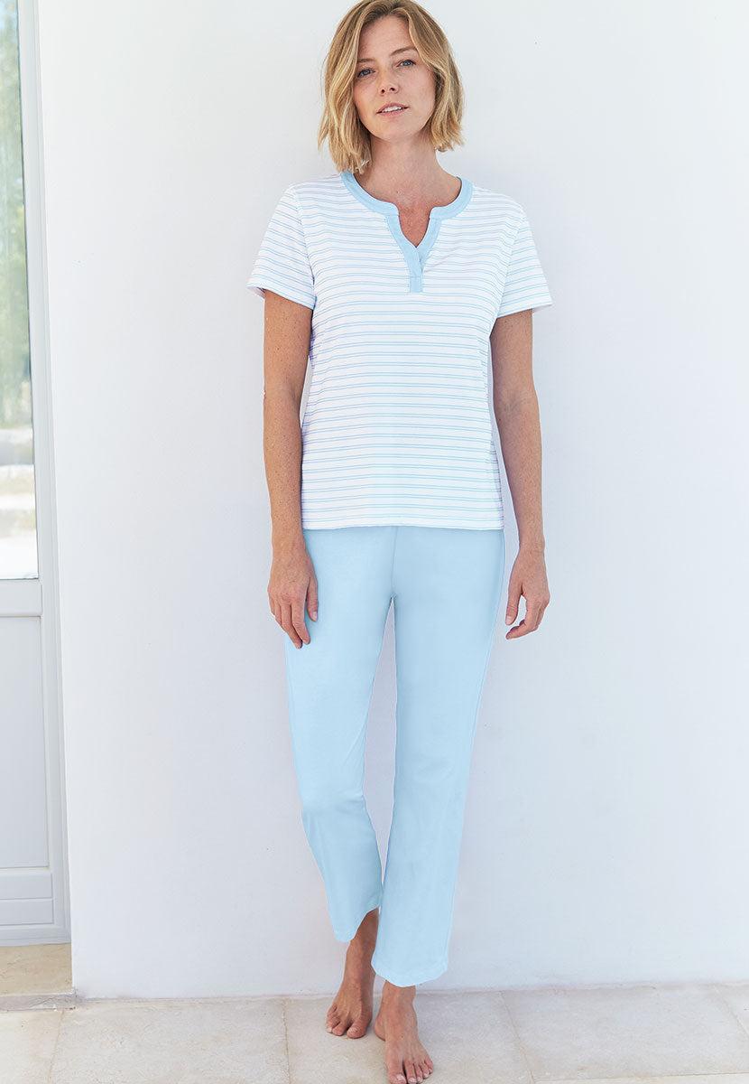 Mollie Short Sleeve Cotton Jersey Pyjama Set - Soft Blue Stripe