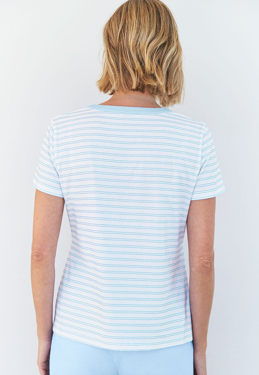 Mollie Short Sleeve Cotton Jersey Pyjama Set - Soft Blue Stripe
