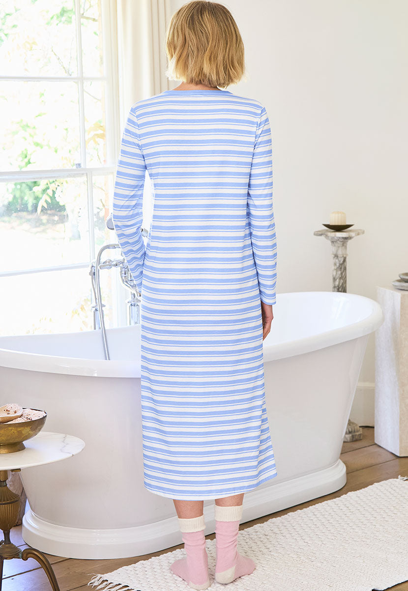 Mollie Long Sleeve Pure Cotton Nightdress - Cornflower Stripe Back view