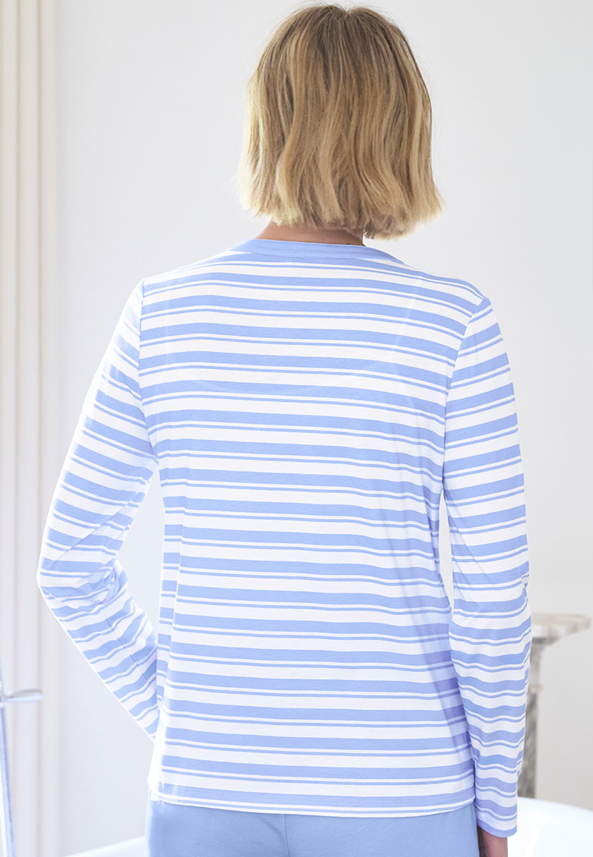 Mollie Long Sleeve Pure Cotton Pyjama Set - Cornflower Stripe Top Back View
